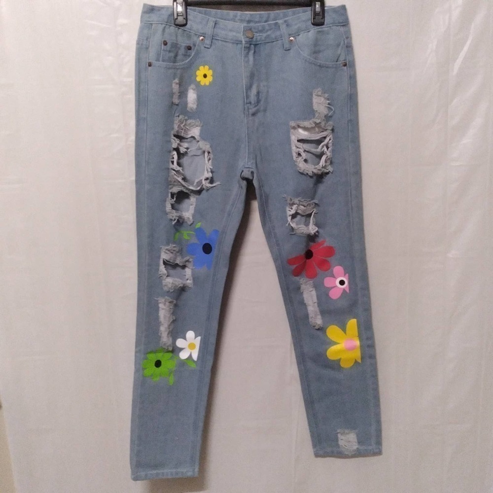🦋 Fashion Jeans Ripped Hole Jeans blue Denim Tapered Pockets Flower Print